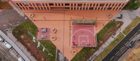 Kohtla-Järve Gymnasium in Kohtla-Järve, Estonia. Used materials: Terca St. John's ceramic bricks and brick slips, Penter Red Rough clay pavers from Aseri plant (Estonia).