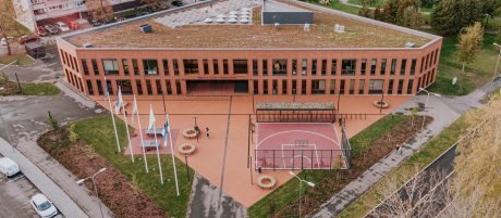 Kohtla-Järve Gymnasium in Kohtla-Järve, Estonia. Used materials: Terca St. John's ceramic bricks and brick slips, Penter Red Rough clay pavers from Aseri plant (Estonia).