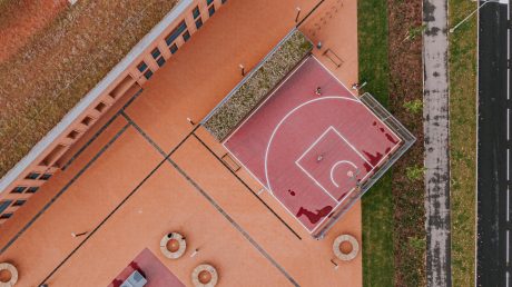 Kohtla-Järve Gymnasium in Kohtla-Järve, Estonia. Used materials: Terca St. John's ceramic bricks and brick slips, Penter Red Rough clay pavers from Aseri plant (Estonia).